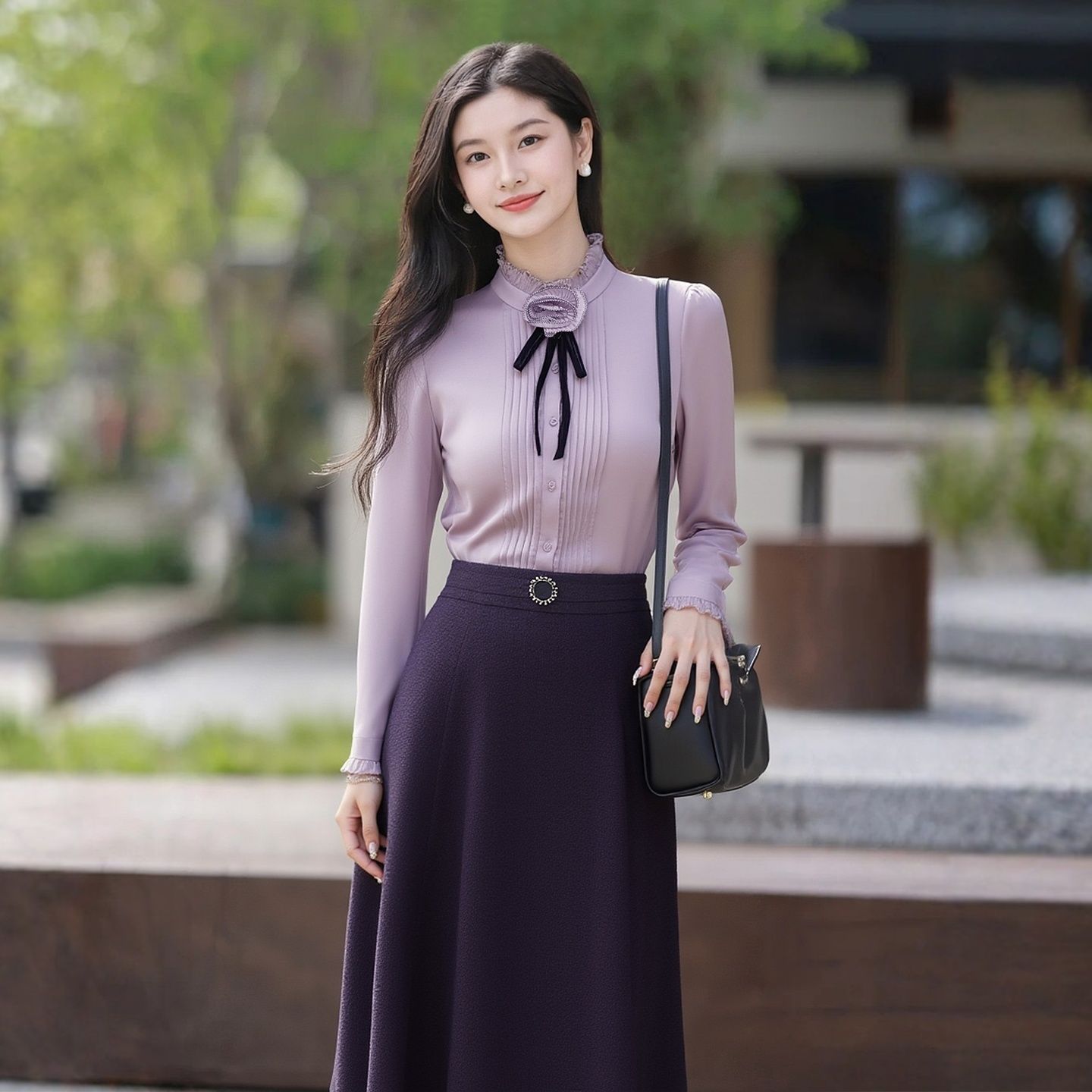 Purple Ruffle Collar Blouse, Spring 2026 New Arrival, Trendy Elegant Long-Sleeve Top for Women