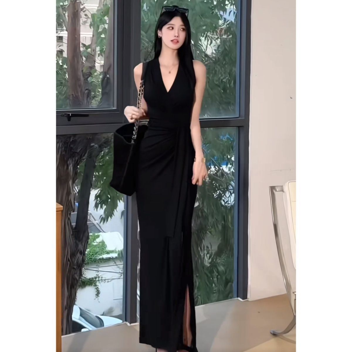 New Arrival Plus Size Summer French Dress, Slimming Panel Design, Elegant Mesh Inset, Fitted Waist Little Black Dress