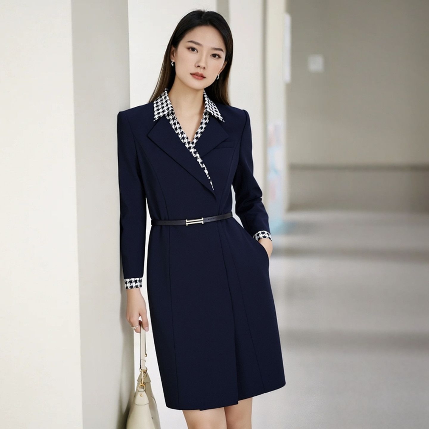 Paris Autumn/Winter New Arrival Professional Midi Dress, Houndstooth Blazer Dress, Women's Office Formal Wear