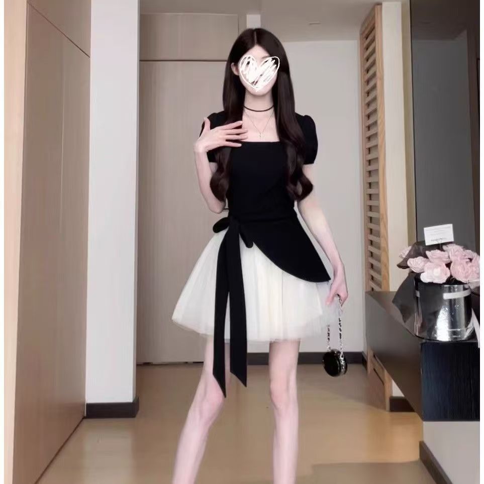 French Patchwork Dress for Women Summer - Tummy Control & Flattering Design, Asymmetrical High-Waist Mesh Skirt Set