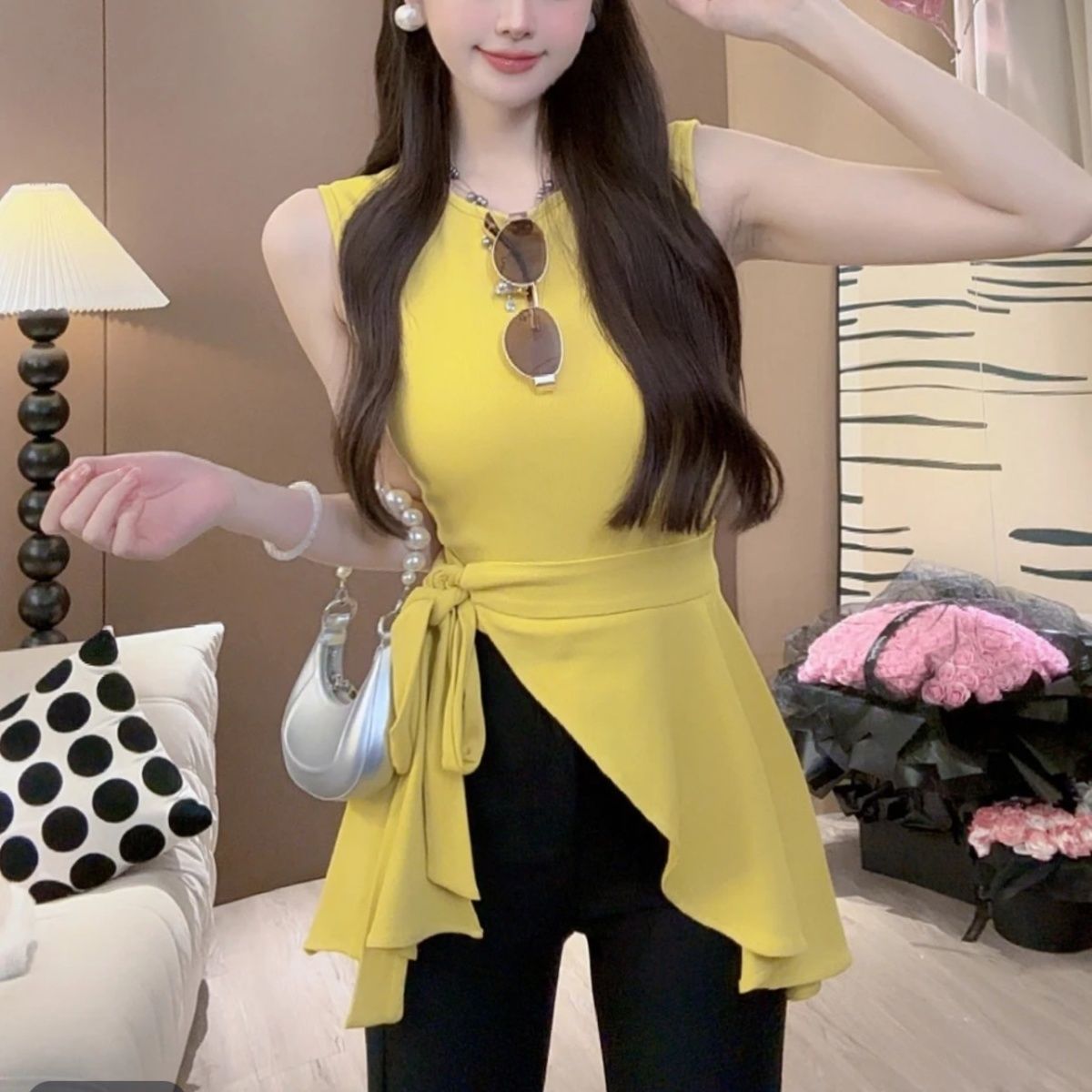 Designed Asymmetric Sleeveless T-Shirt, Summer New Arrival, Cinched Waist, Tie-Up, Slit, Fitted Top for Layering, Slimming Effect