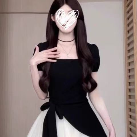 French Patchwork Dress for Women Summer - Tummy Control & Flattering Design, Asymmetrical High-Waist Mesh Skirt Set