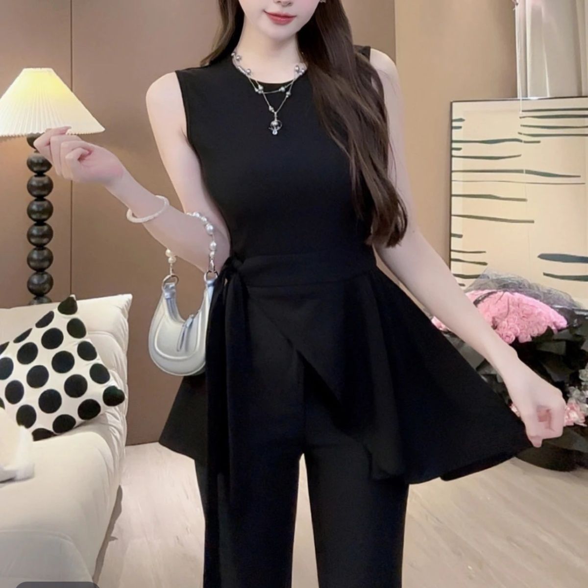 Designed Asymmetric Sleeveless T-Shirt, Summer New Arrival, Cinched Waist, Tie-Up, Slit, Fitted Top for Layering, Slimming Effect