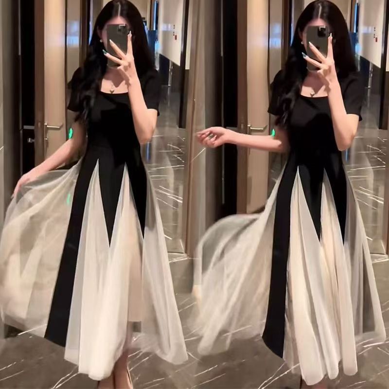 New Arrival Plus Size Summer French Dress, Slimming Panel Design, Mesh Inset, Fitted Waist Little Black Dress