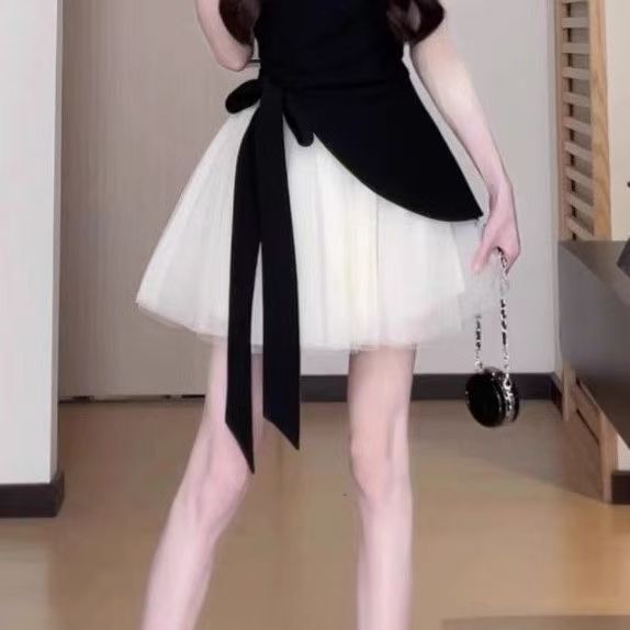 French Patchwork Dress for Women Summer - Tummy Control & Flattering Design, Asymmetrical High-Waist Mesh Skirt Set