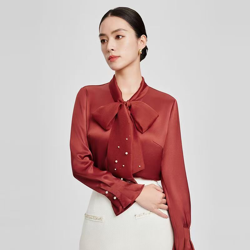 Double-Face Satin Acetate Blouse with Rooibos Tea Red Bow-Tie Collar, French-Style Shirt