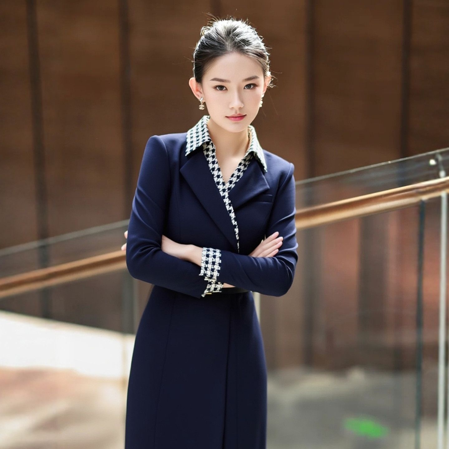 Paris Autumn/Winter New Arrival Professional Midi Dress, Houndstooth Blazer Dress, Women's Office Formal Wear