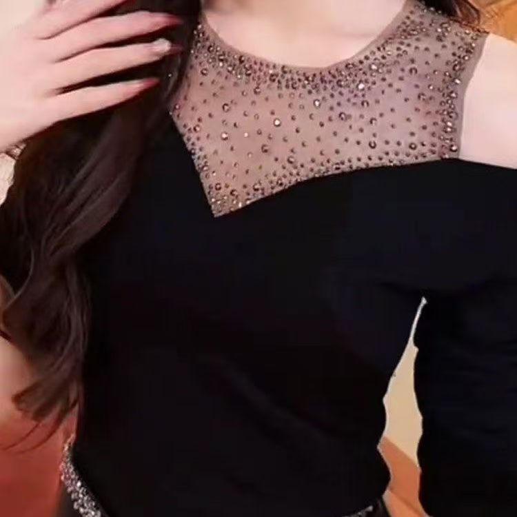 Sensational Off-Shoulder Heavy-Duty Rhinestone Long-Sleeve T-Shirt for Women, Autumn/Winter New Arrival, Red Elegant Slim Fit Base Top