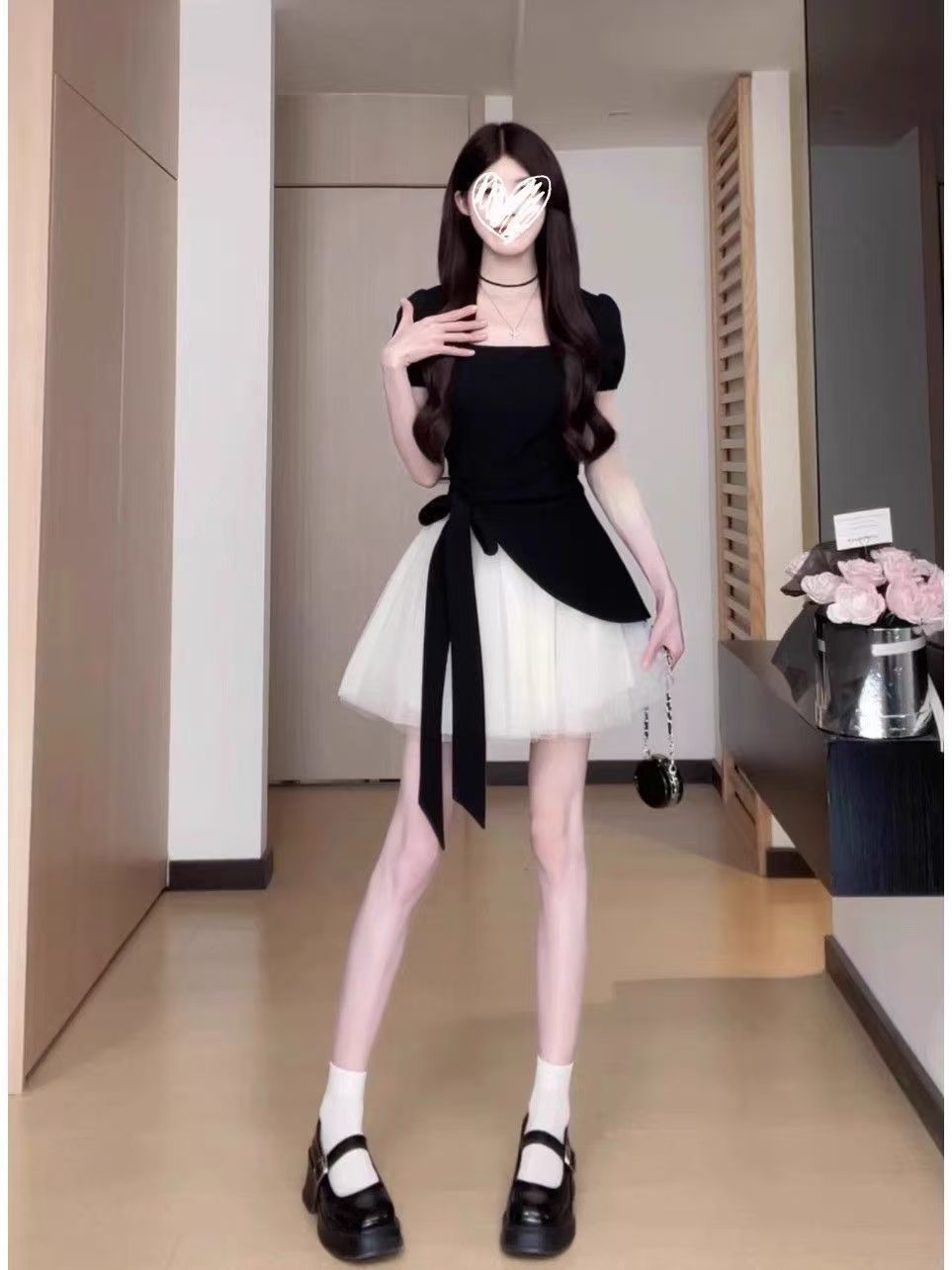 French Patchwork Dress for Women Summer - Tummy Control & Flattering Design, Asymmetrical High-Waist Mesh Skirt Set