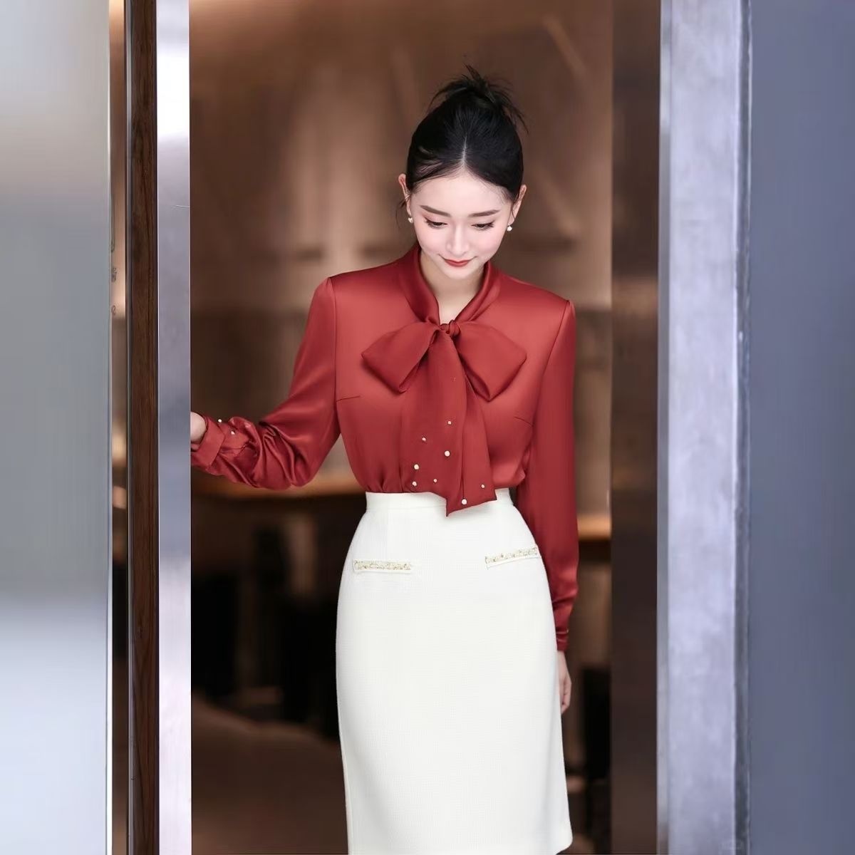 Double-Face Satin Acetate Blouse with Rooibos Tea Red Bow-Tie Collar, French-Style Shirt