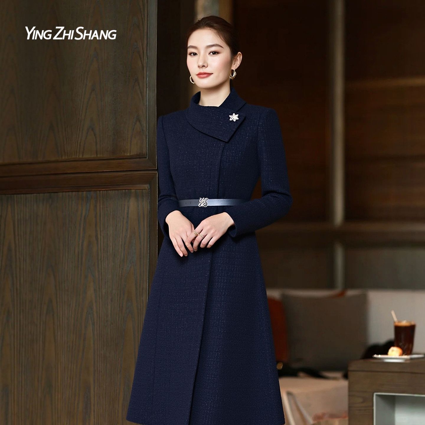 Navy Blue Wool Dress, Winter 2026 New Arrival, Long Sleeve Dress for Formal Occasions, Elegant and Sophisticated