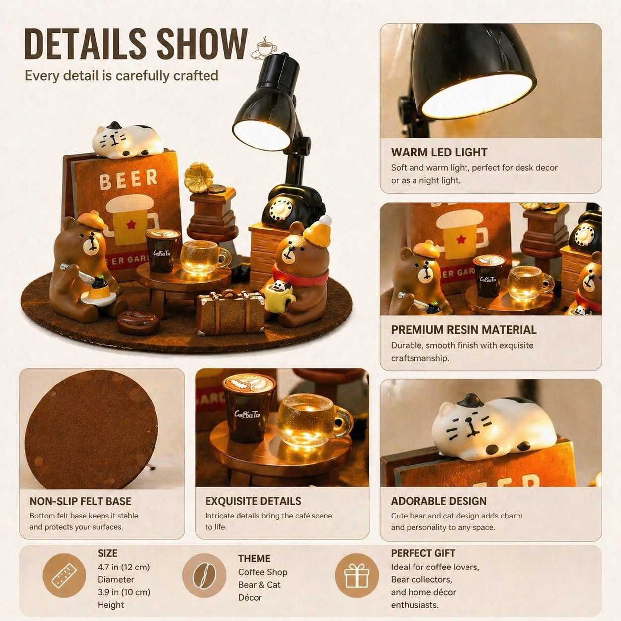 Bear Café Desk Decor – Cute Coffee-Themed Bear Figurine with LED Light, Perfect for Home, Coffee Corner, and Gift Ideas