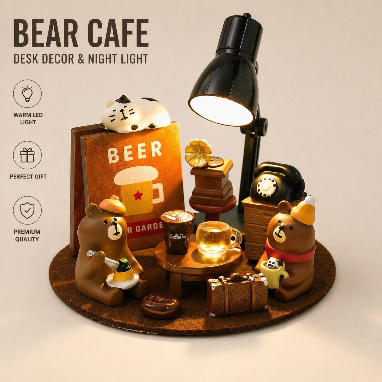 Bear Café Desk Decor – Cute Coffee-Themed Bear Figurine with LED Light, Perfect for Home, Coffee Corner, and Gift Ideas