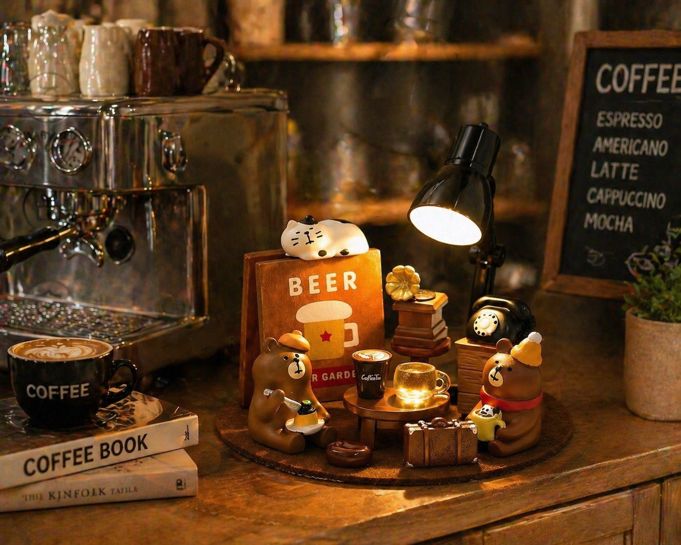 Bear Café Desk Decor – Cute Coffee-Themed Bear Figurine with LED Light, Perfect for Home, Coffee Corner, and Gift Ideas