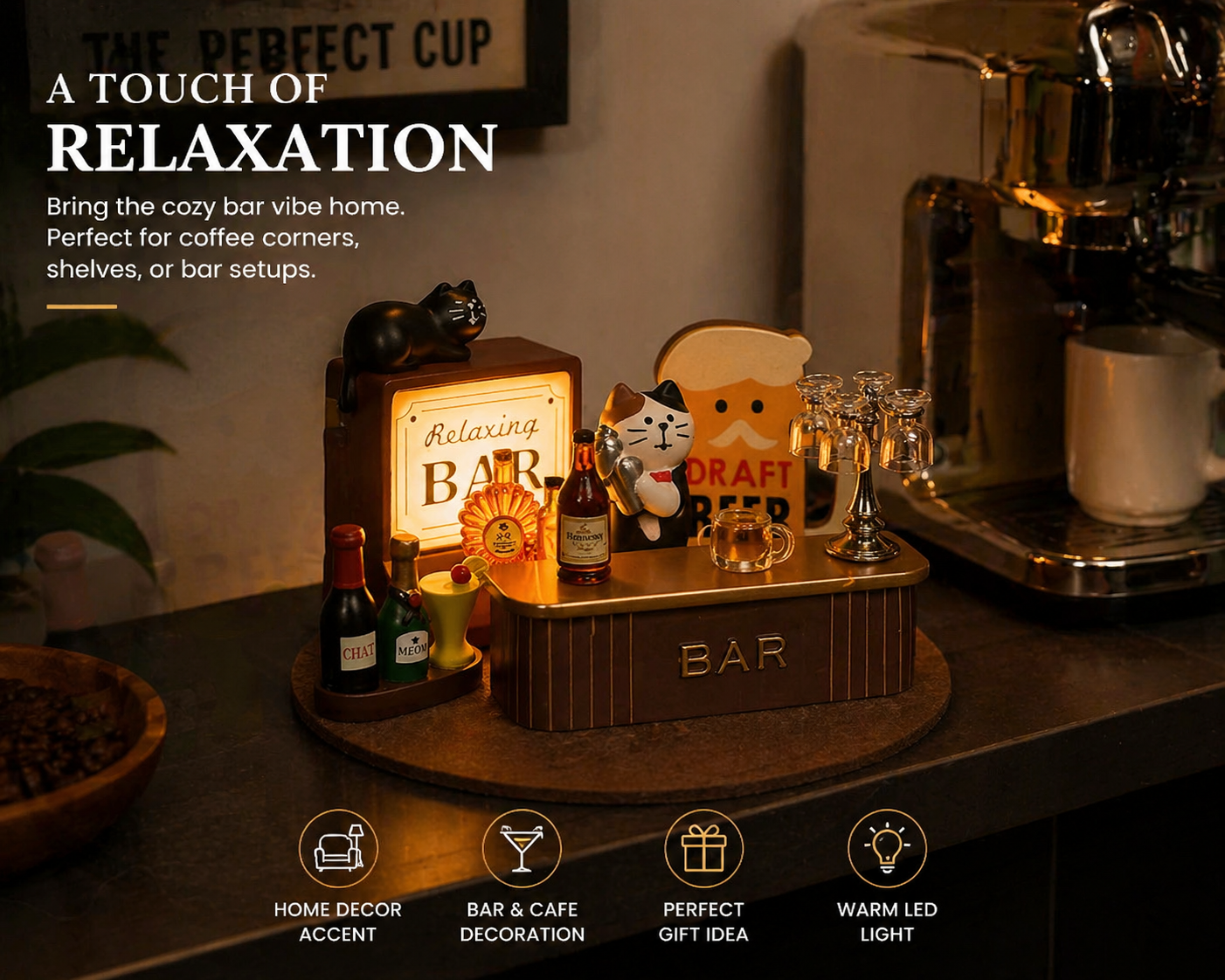 “Whimsical Bar Decor – Miniature Bar Counter with LED Light, Resin & Wood Drink Figurines, Perfect for Home Bar or Pub Decoration