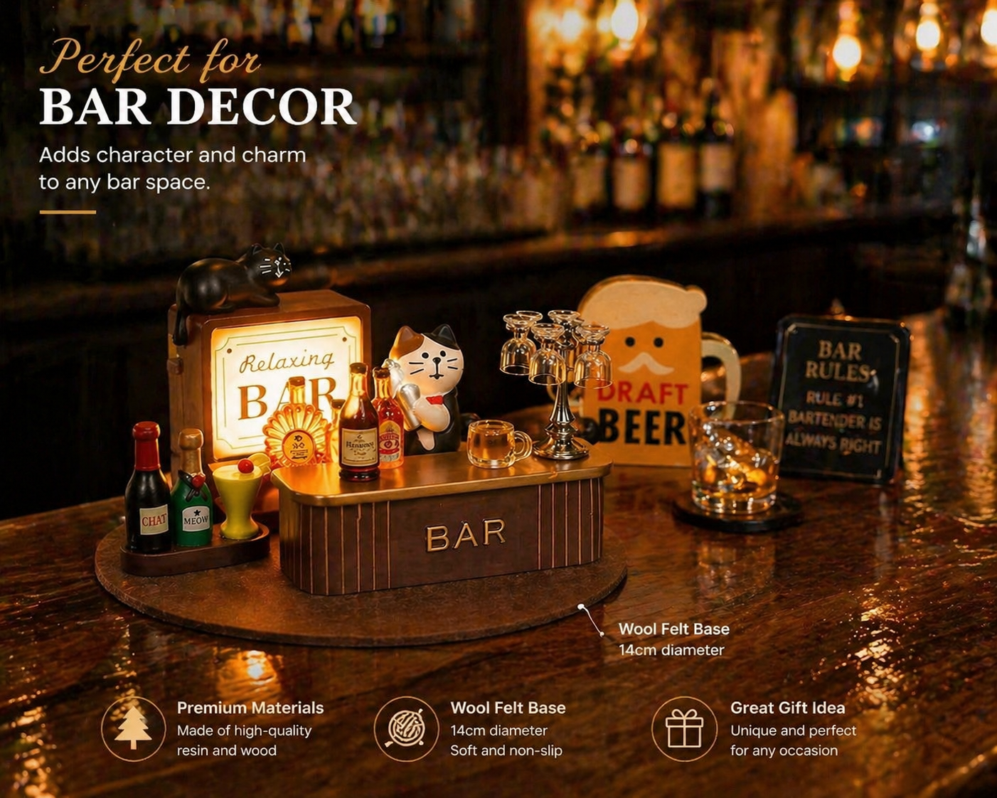 “Whimsical Bar Decor – Miniature Bar Counter with LED Light, Resin & Wood Drink Figurines, Perfect for Home Bar or Pub Decoration