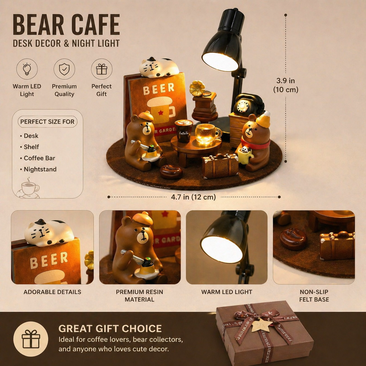 Bear Café Desk Decor – Cute Coffee-Themed Bear Figurine with LED Light, Perfect for Home, Coffee Corner, and Gift Ideas