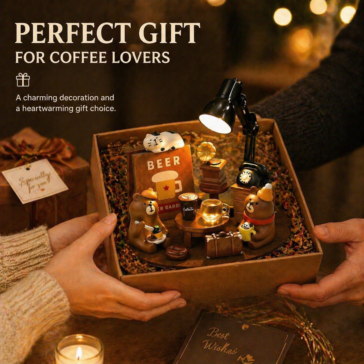 Bear Café Desk Decor – Cute Coffee-Themed Bear Figurine with LED Light, Perfect for Home, Coffee Corner, and Gift Ideas