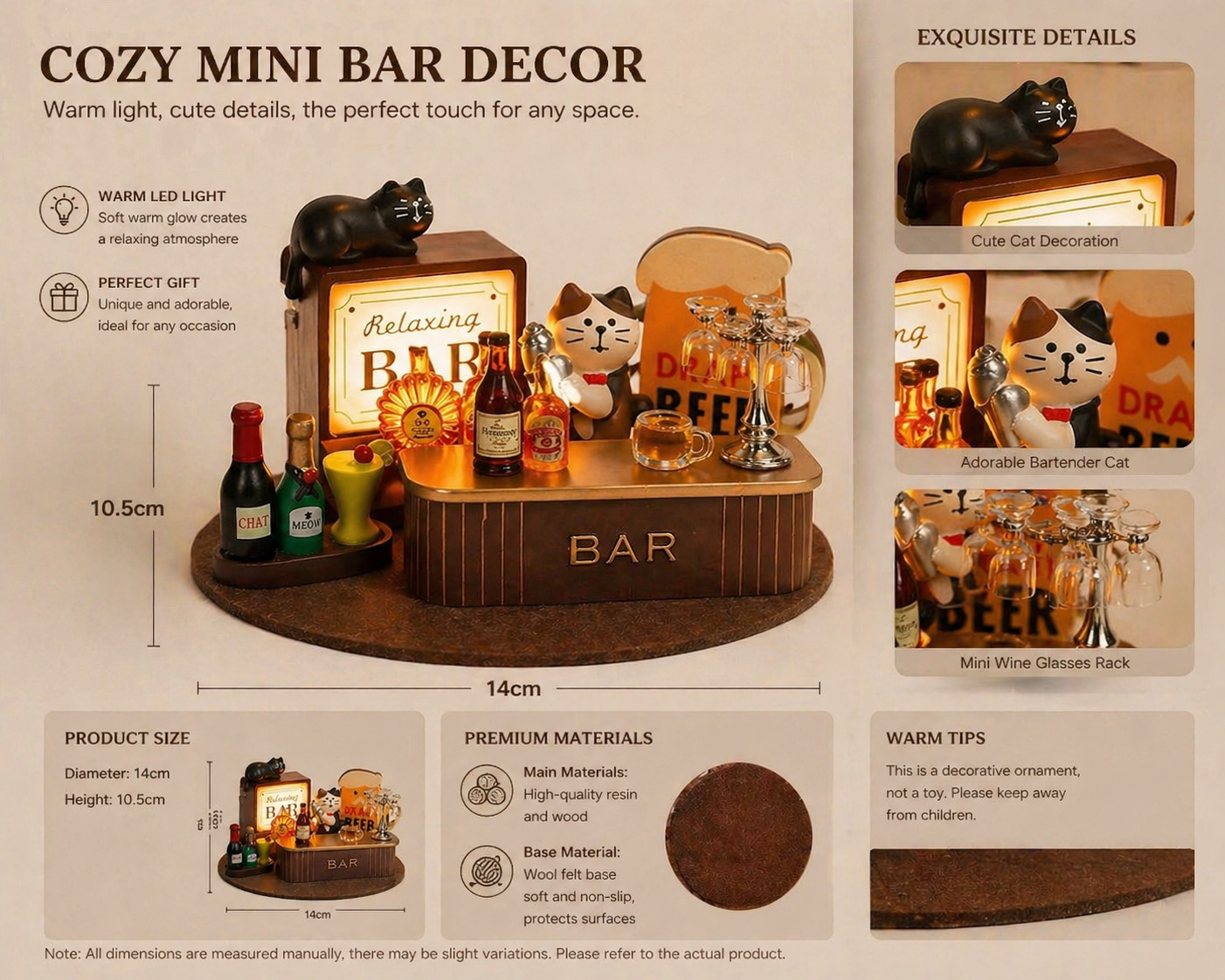 “Whimsical Bar Decor – Miniature Bar Counter with LED Light, Resin & Wood Drink Figurines, Perfect for Home Bar or Pub Decoration