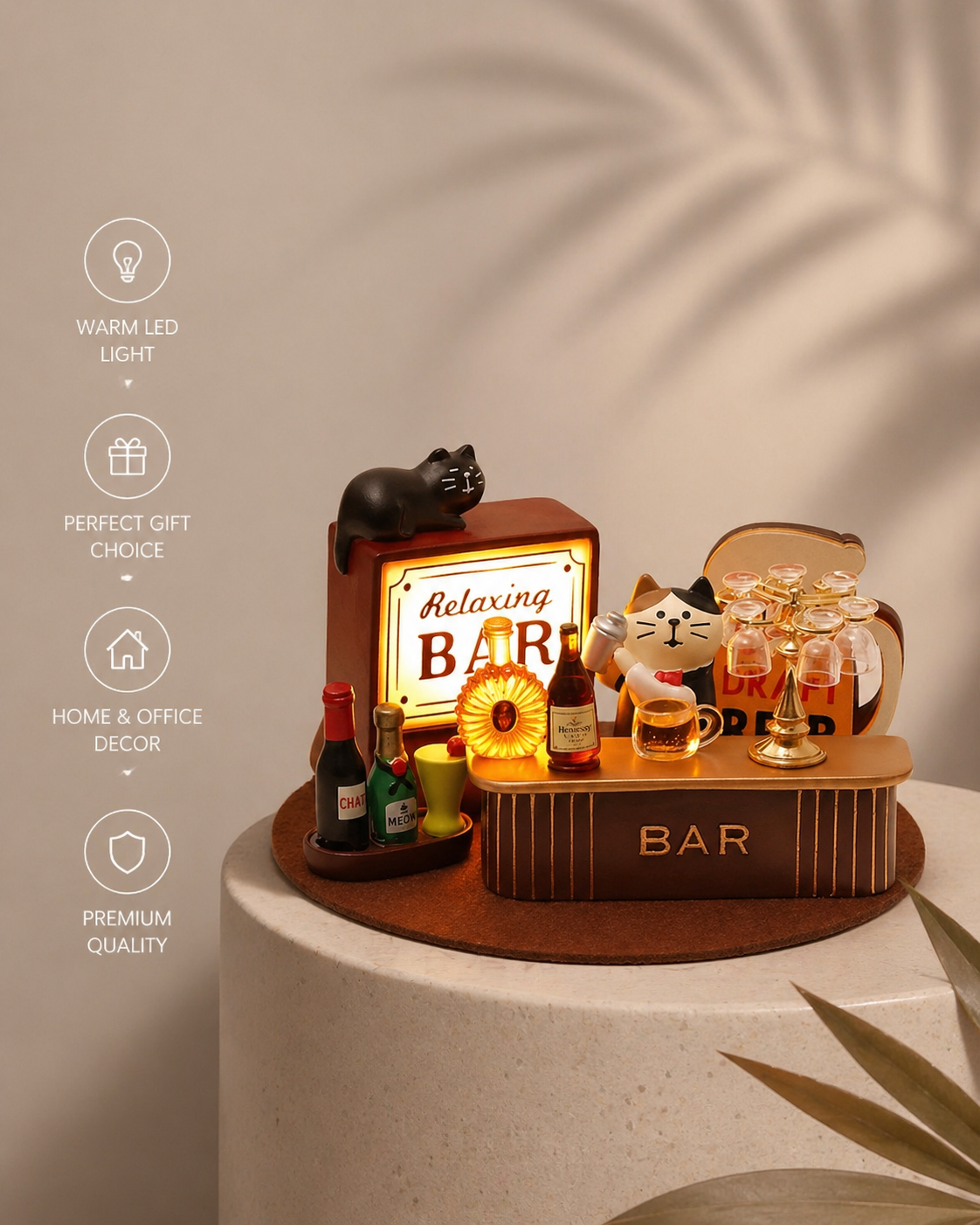 “Whimsical Bar Decor – Miniature Bar Counter with LED Light, Resin & Wood Drink Figurines, Perfect for Home Bar or Pub Decoration