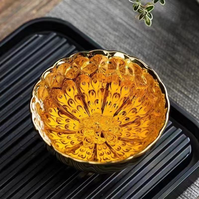 Luxury Gilded Master Tea Cup, Golden Peacock & Golden Lotus Design, Colorful Glaze Personal Tea Cup