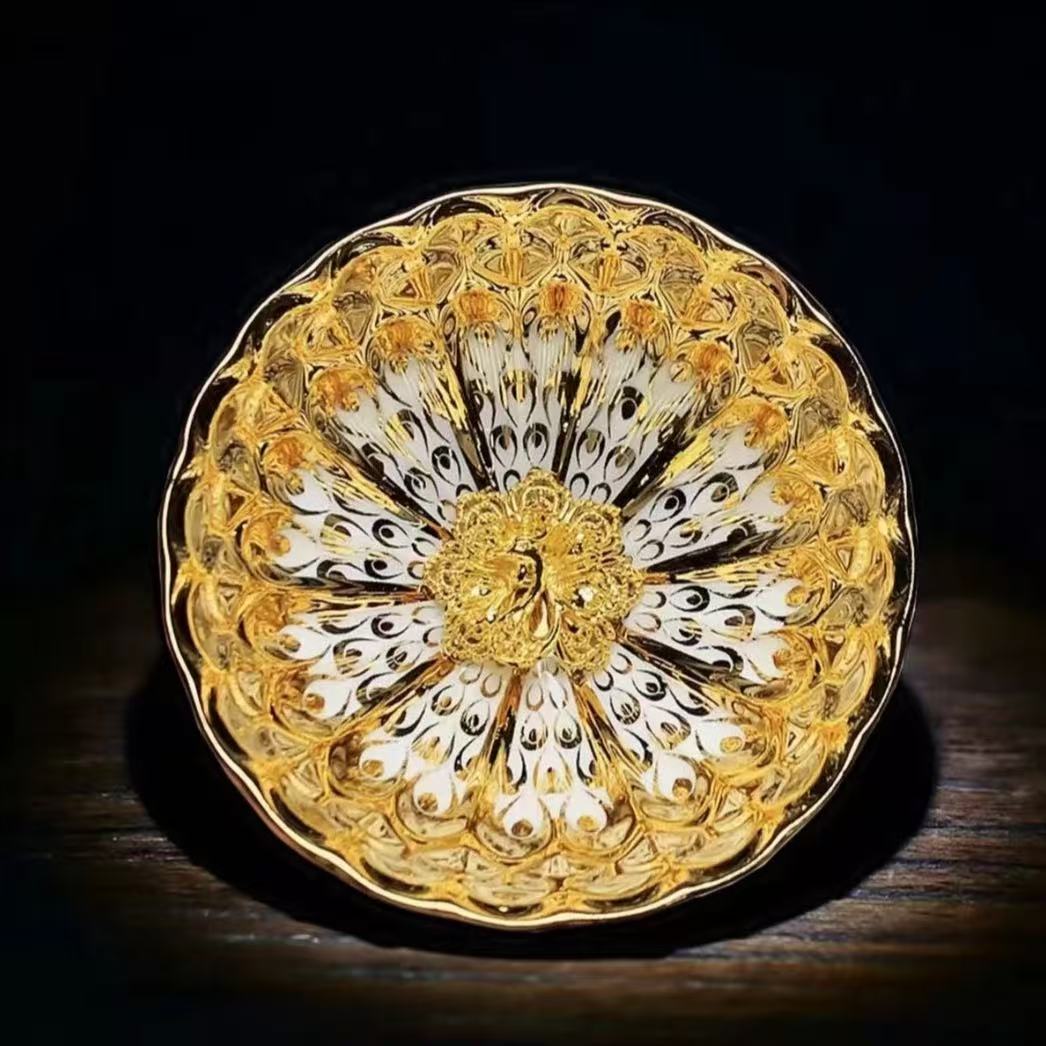 Luxury Gilded Master Tea Cup, Golden Peacock & Golden Lotus Design, Colorful Glaze Personal Tea Cup