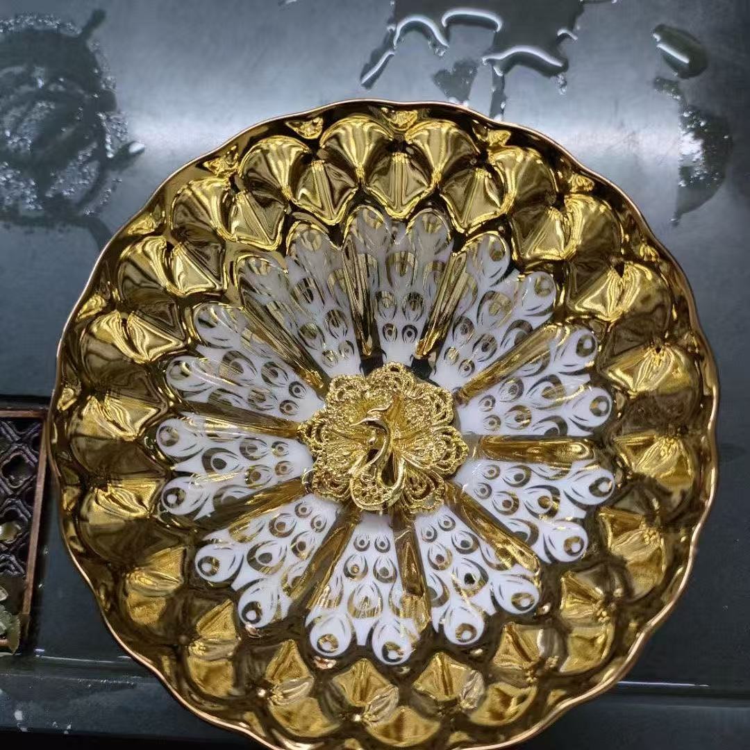 Luxury Gilded Master Tea Cup, Golden Peacock & Golden Lotus Design, Colorful Glaze Personal Tea Cup