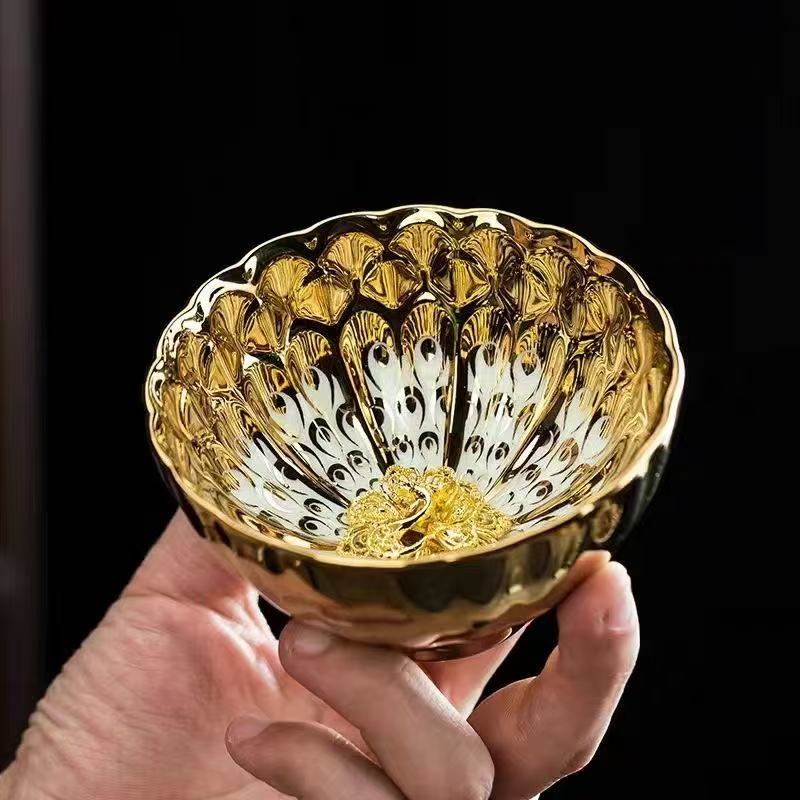 Luxury Gilded Master Tea Cup, Golden Peacock & Golden Lotus Design, Colorful Glaze Personal Tea Cup